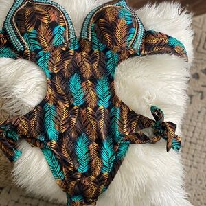 Colorful Feather Print One-Piece Swimsuit never worn purchased from Brasil.